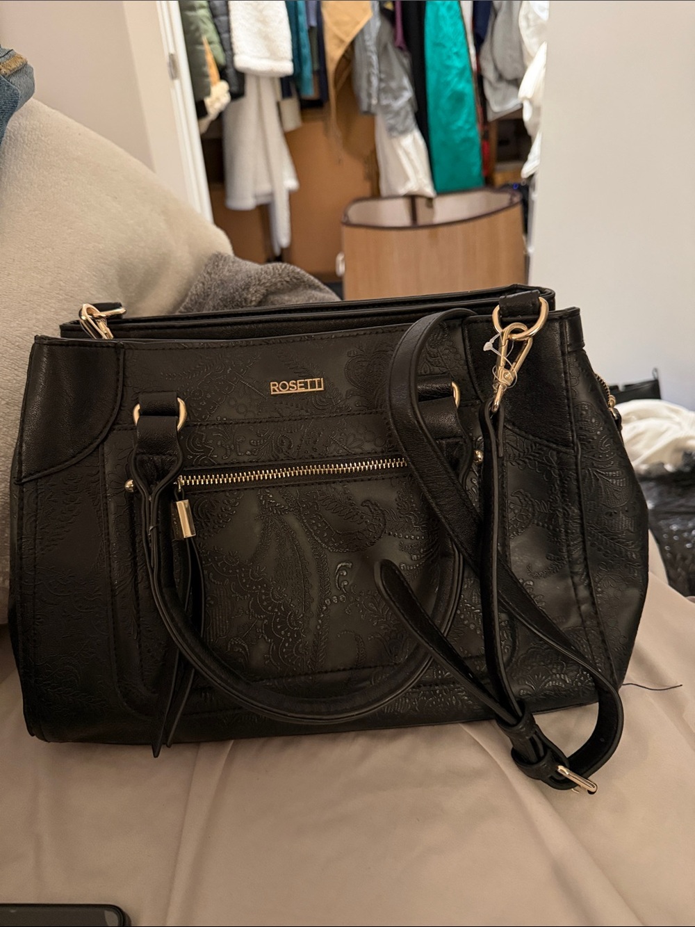 Rosetti Black Embossed Satchel with Gold Hardware